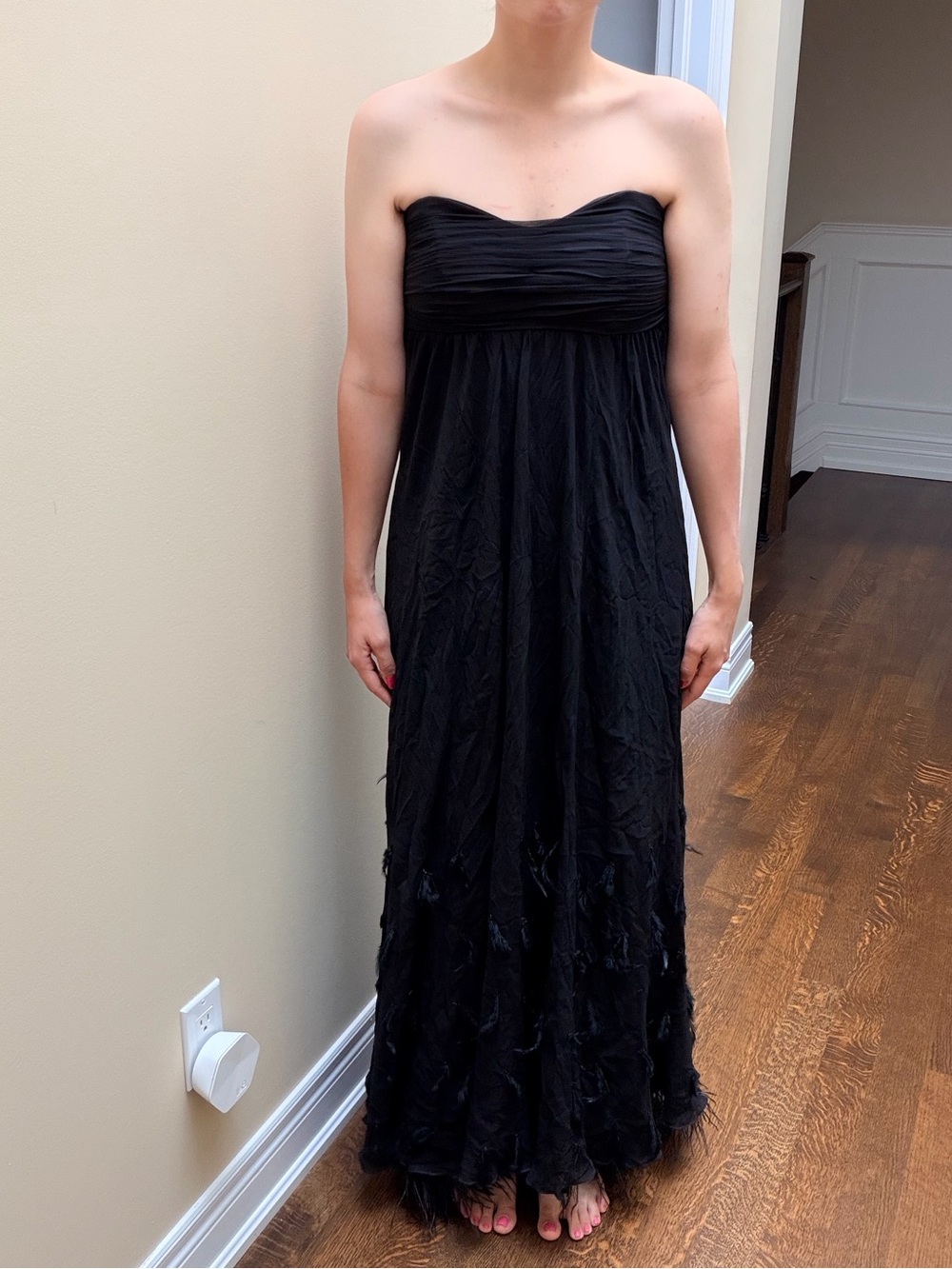 Y2K GUESS BY MARCIANO Black Strapless Chiffon Feather Hem Maxi Gown Women Size S